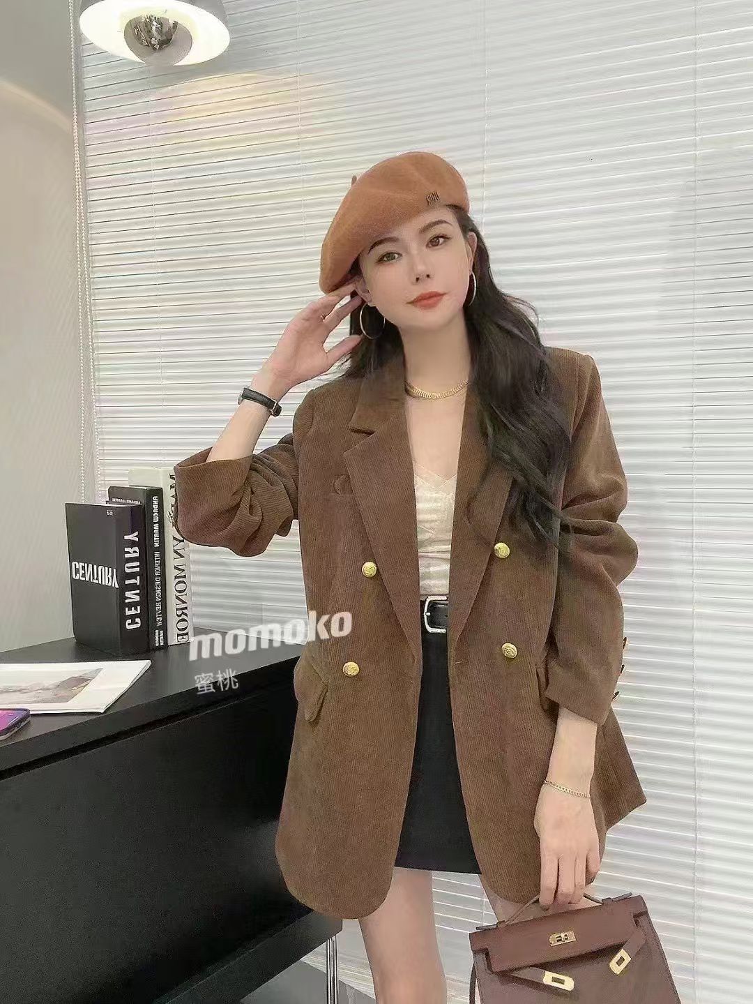 Corduroy Long Blazer With Belt FT592