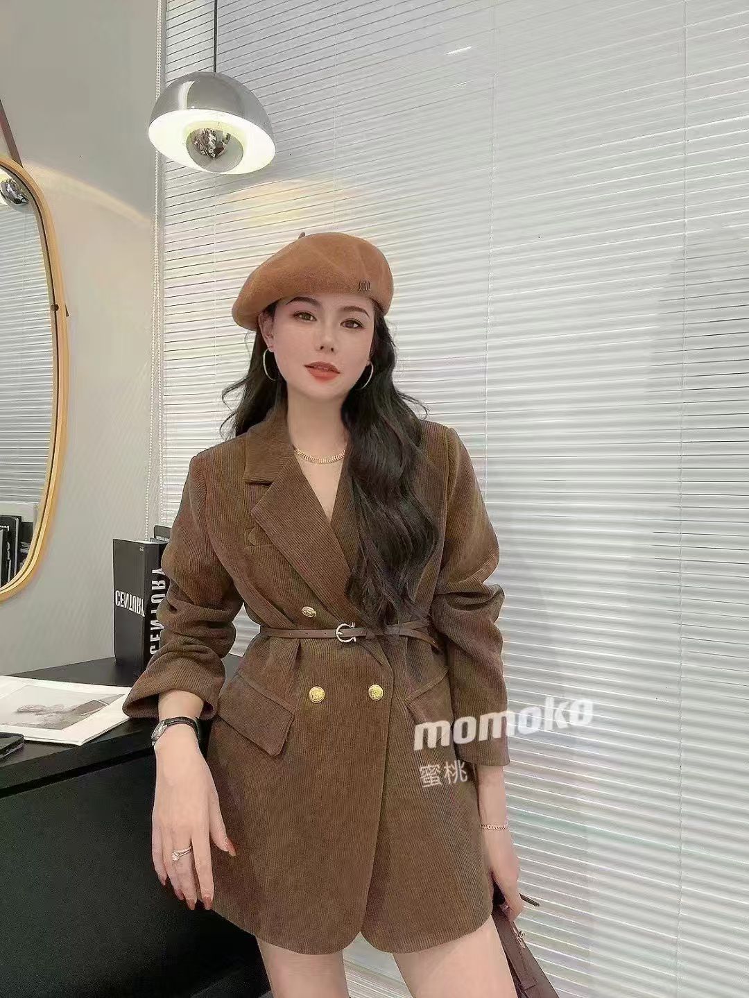 Corduroy Long Blazer With Belt FT592