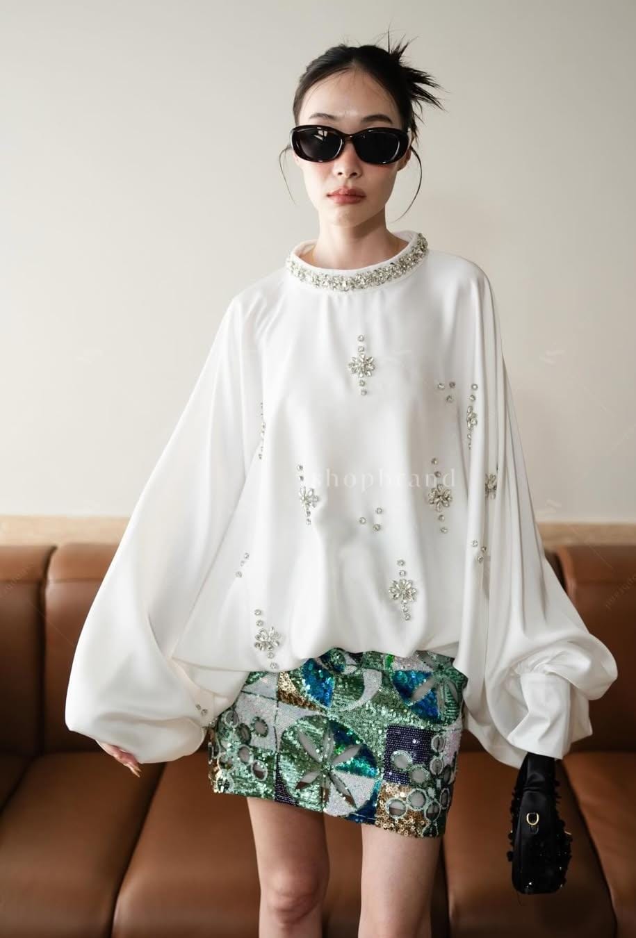 Embellished Satin Batwing Top FT596