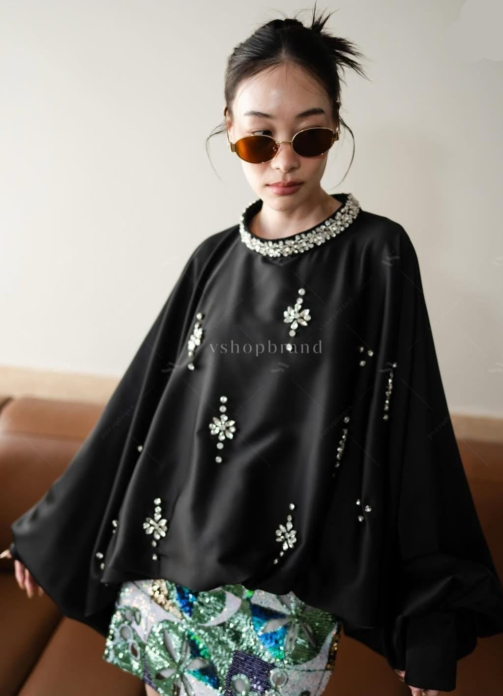 Embellished Satin Batwing Top FT596