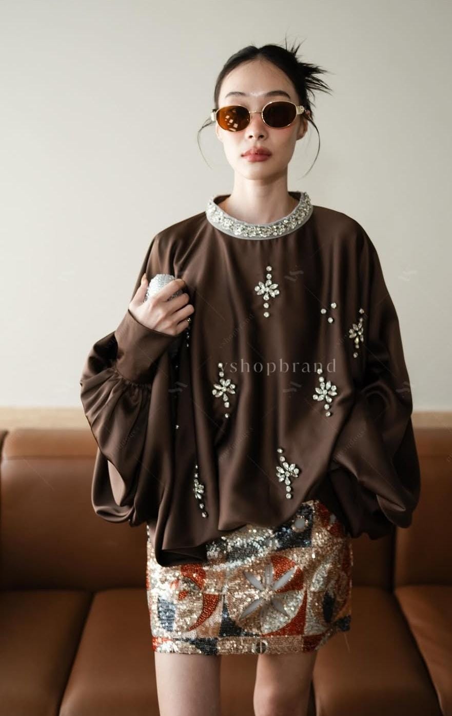 Embellished Satin Batwing Top FT596