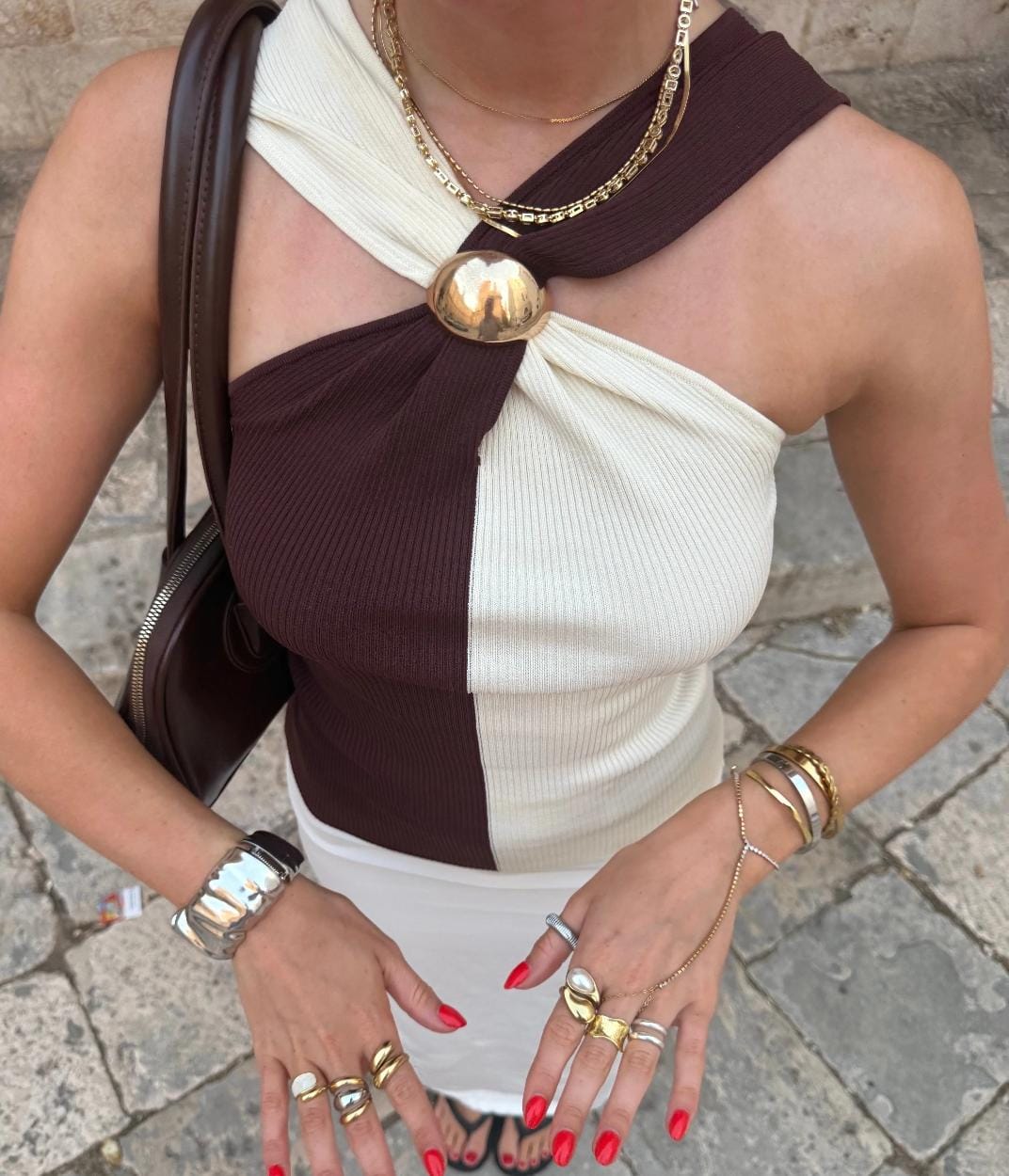 Color Block Gold Detailed Halter Neck Top - FT665