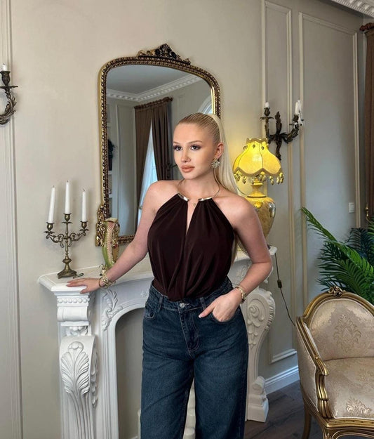 Halter Neck Top with Attached Golden Neck Accessory FT666