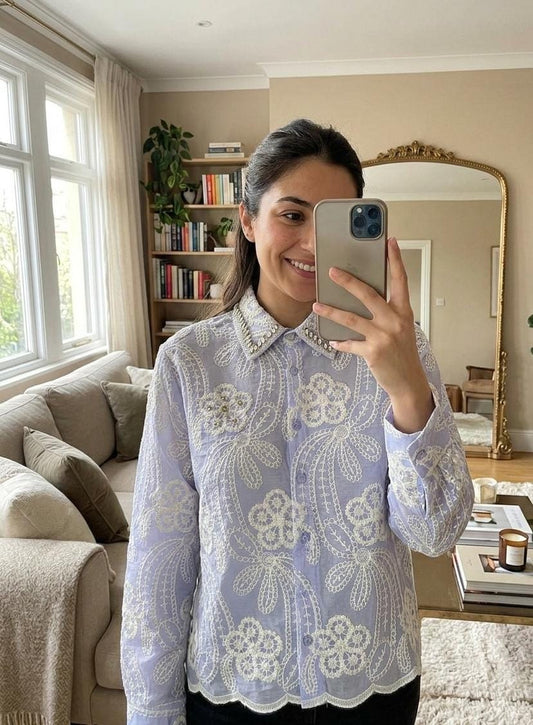 Embellished Collar with Flower Embroidery Shirt FT683