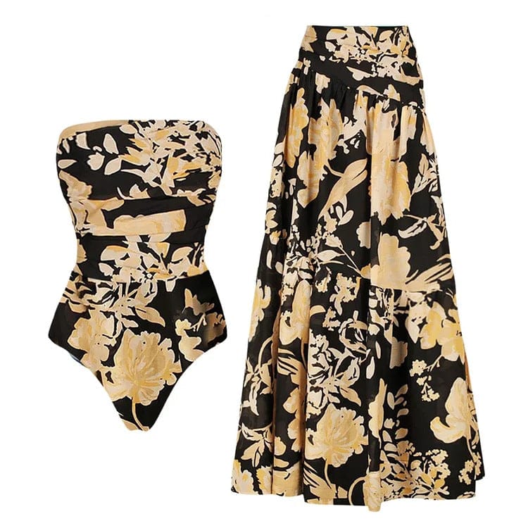 Floral Print Tube Swimsuit And Skirt FT701