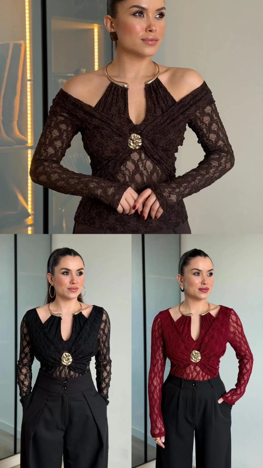 Structured Metallic Choker-Style Collar Lace Top FT708