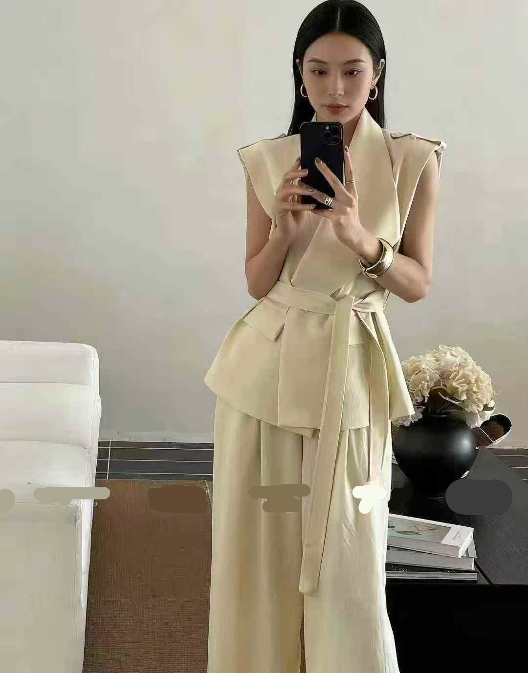 Asymmetric Sleeveless Blazer With Wide-Leg Trousers  FT873