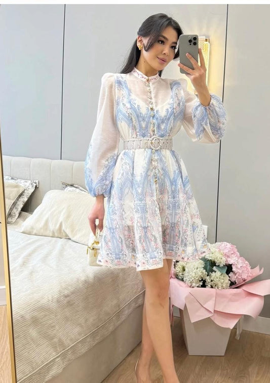 Beautiful Pattern Print Mini Dress With Belt  FT728