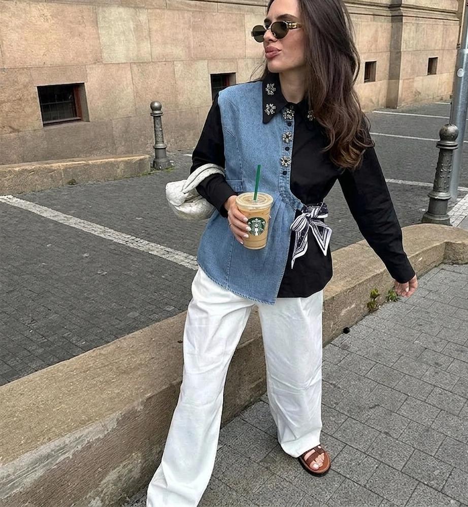 Side Knot Denim Luxe Embellished Shirt FT732