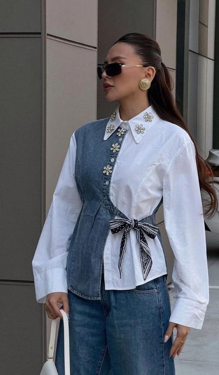 Side Knot Denim Luxe Embellished Shirt FT732