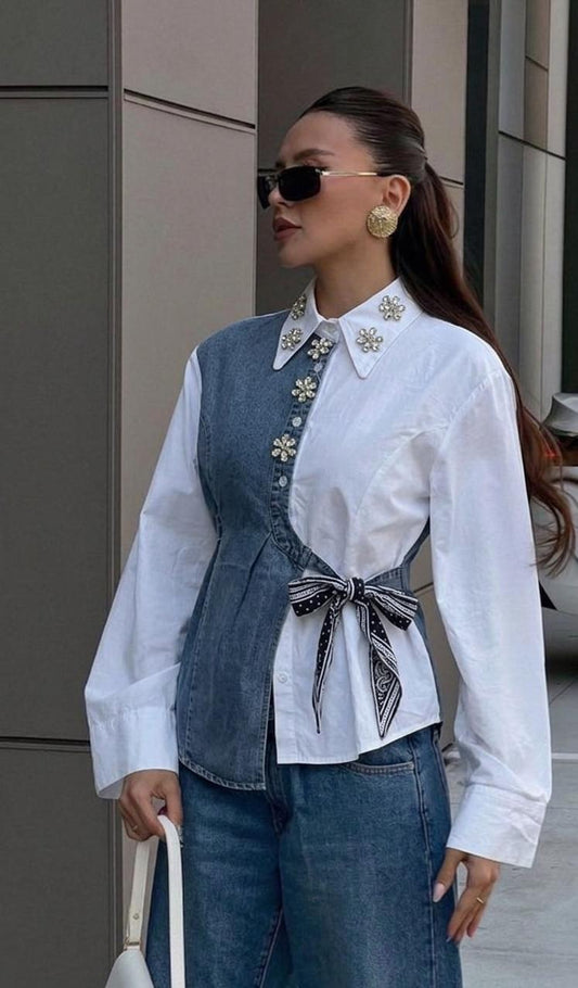 Side Knot Denim Luxe Embellished Shirt FT732
