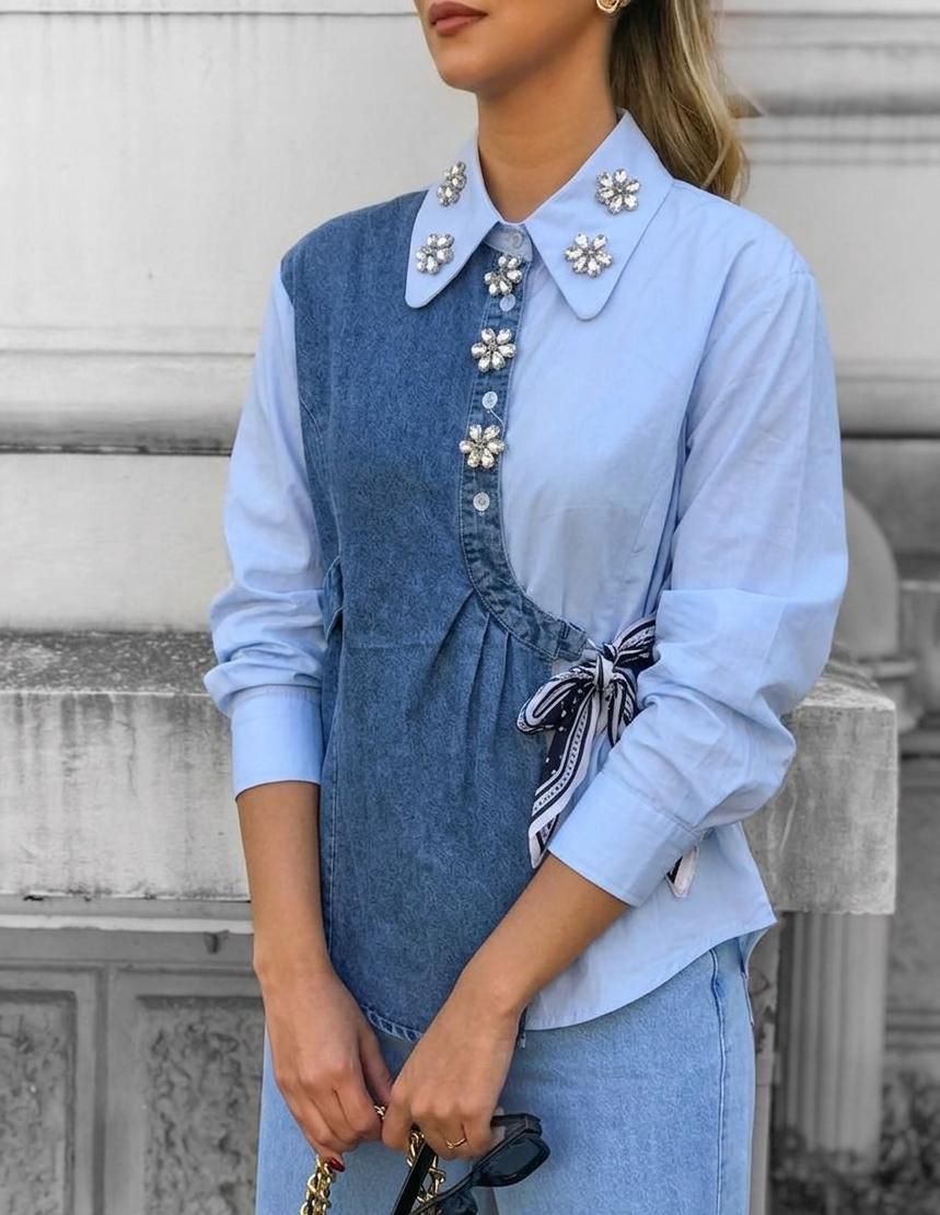 Side Knot Denim Luxe Embellished Shirt FT732