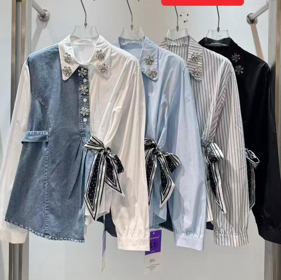 Side Knot Denim Luxe Embellished Shirt FT732