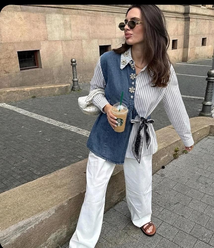 Side Knot Denim Luxe Embellished Shirt FT732