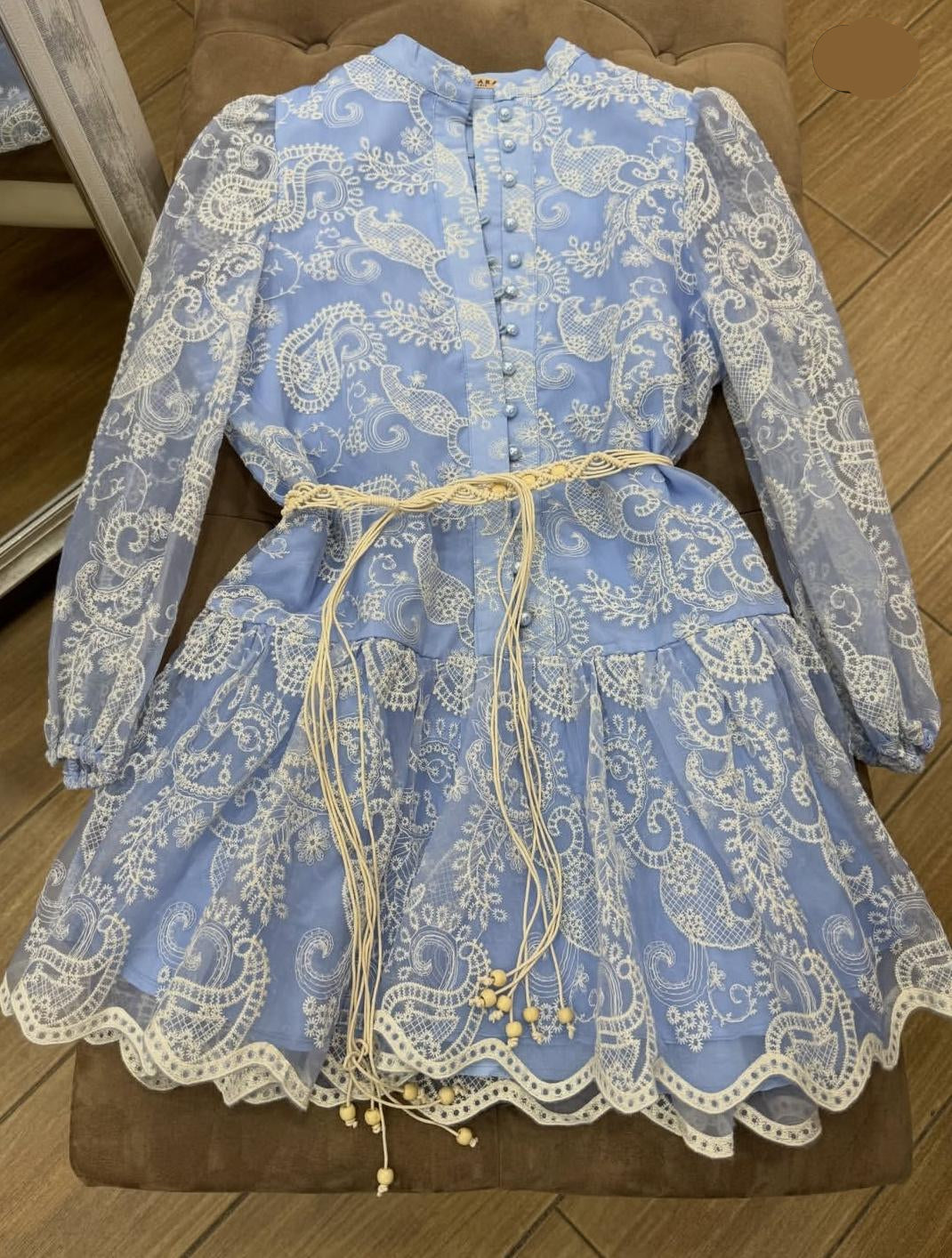 Paisley-Patterned Lace Mini Dress With Long Sleeves With Rope Belt FT746