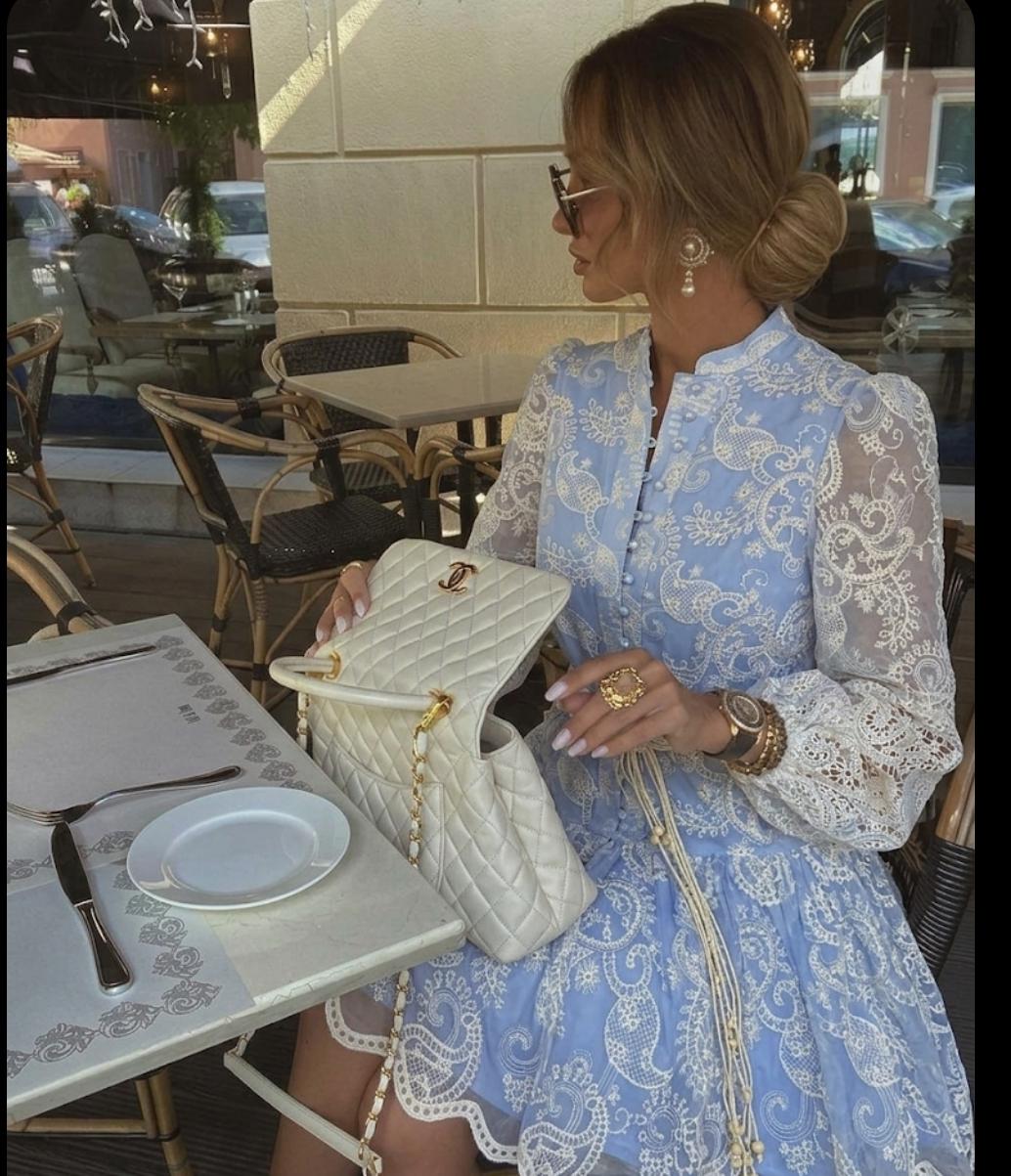 Paisley-Patterned Lace Mini Dress With Long Sleeves With Rope Belt FT746