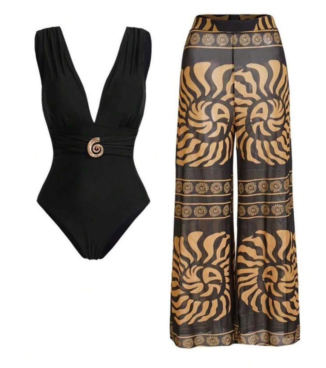 V - Neck Bodysuit With Printed Pants FT742