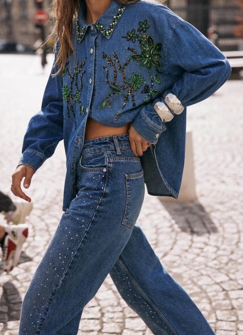 Beautiful Denim Embellished Shirt FT766