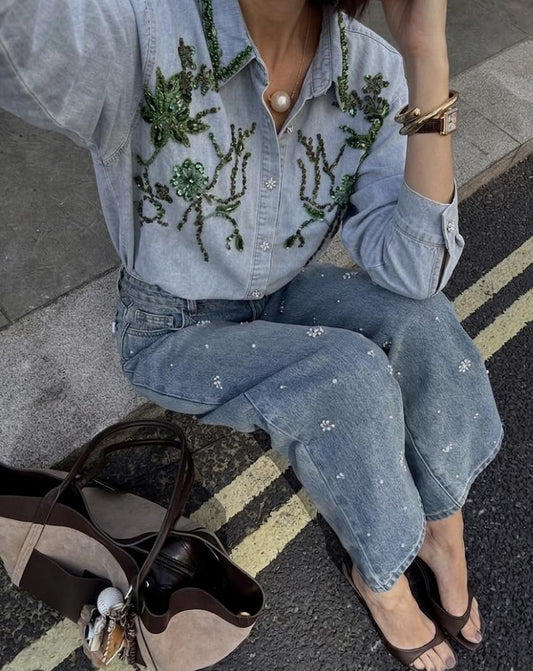 Beautiful Denim Embellished Shirt FT766
