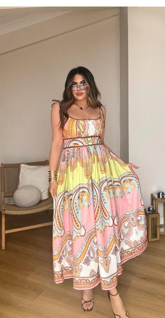 Stunning Paisley Cotton Linen Dress FT774