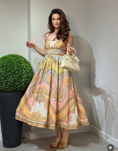 Stunning Paisley Cotton Linen Dress FT774