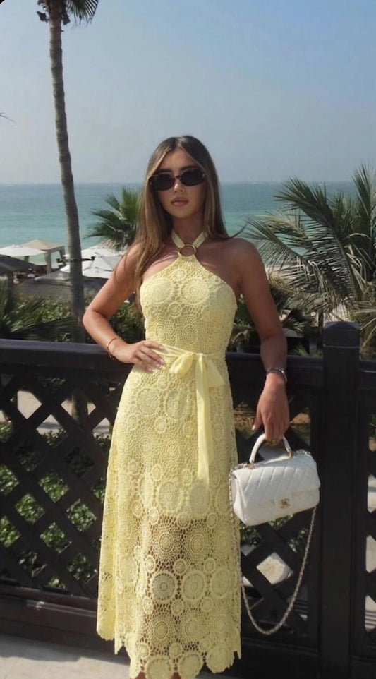 Stunning Lace Cutwork Pattern Halter Neck Dress FT780