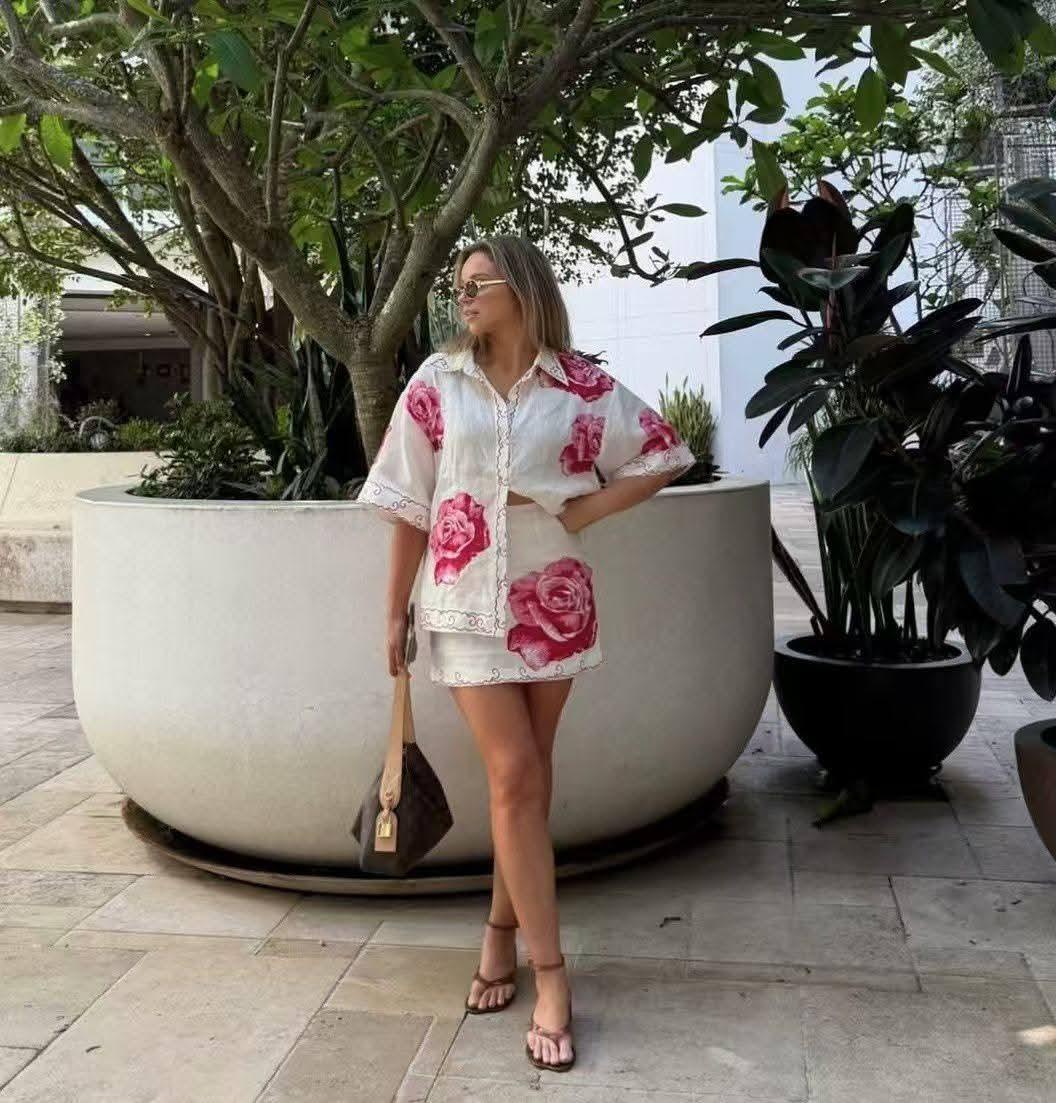 Linen Floral Skirt And Shirt Set FT853