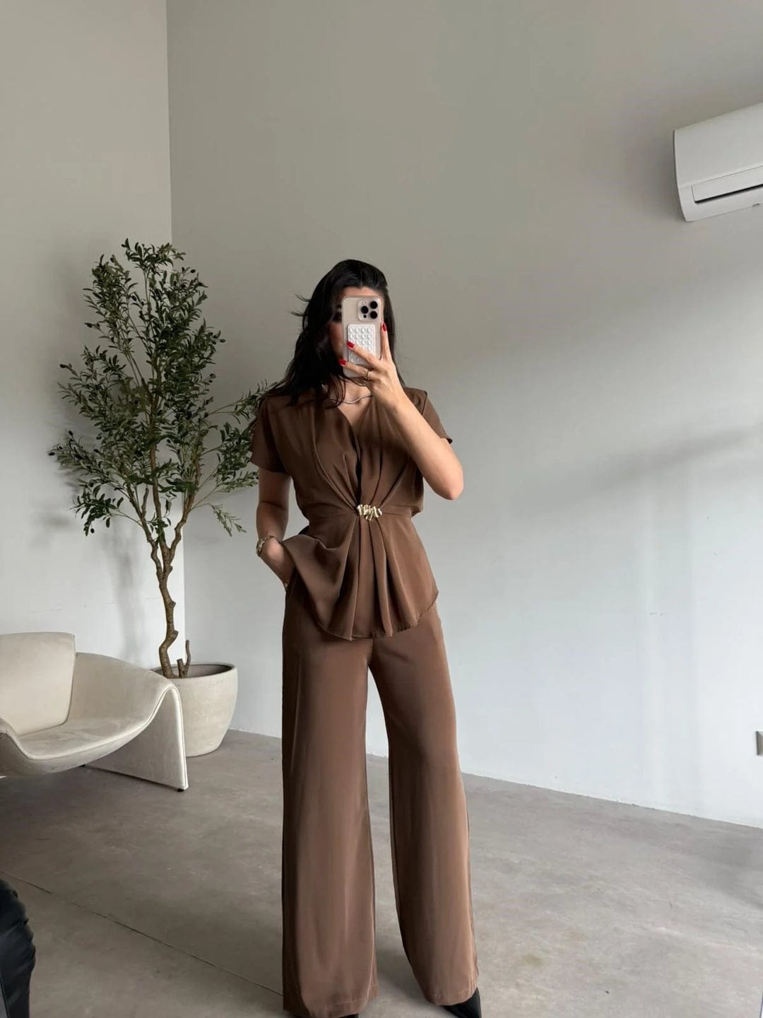 V-Neck Top With Wide-Leg Trouser FT789