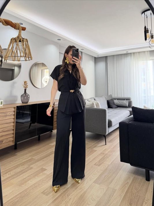 V-Neck Top With Wide-Leg Trouser FT789
