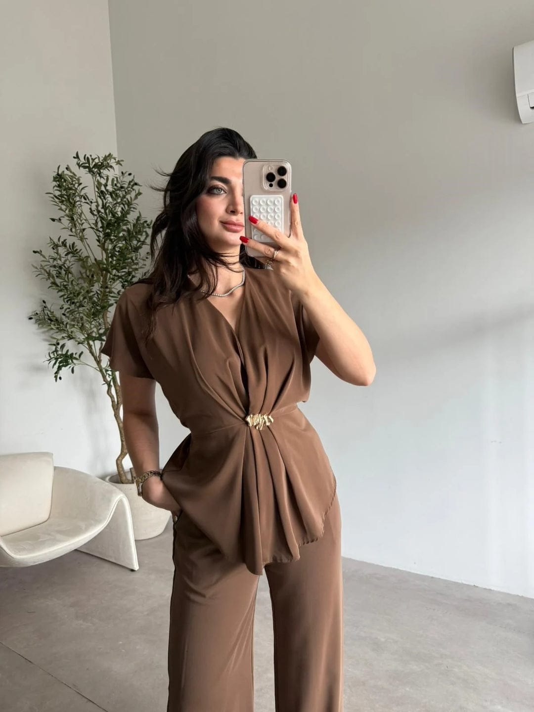 V-Neck Top With Wide-Leg Trouser FT789