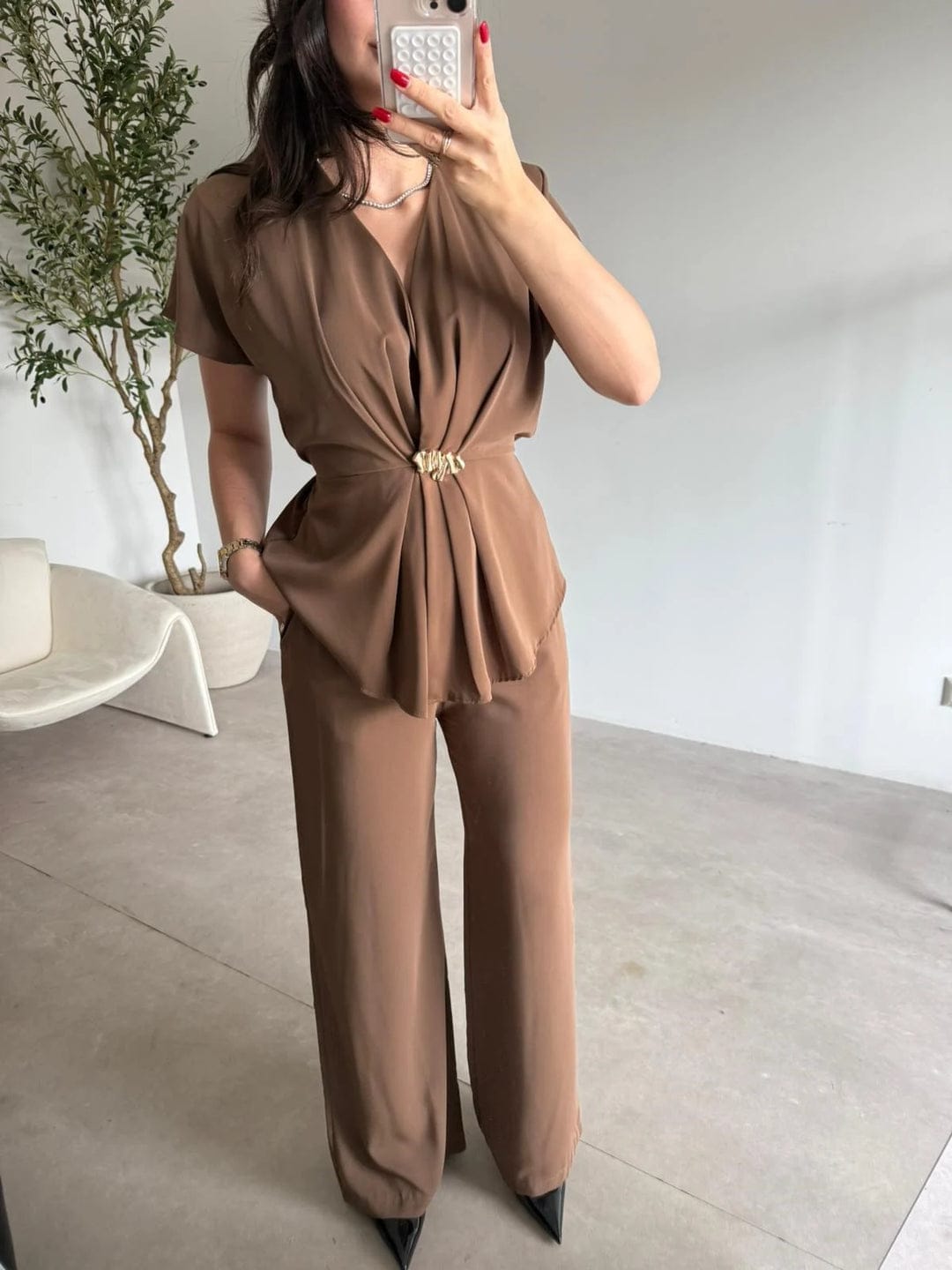 V-Neck Top With Wide-Leg Trouser FT789