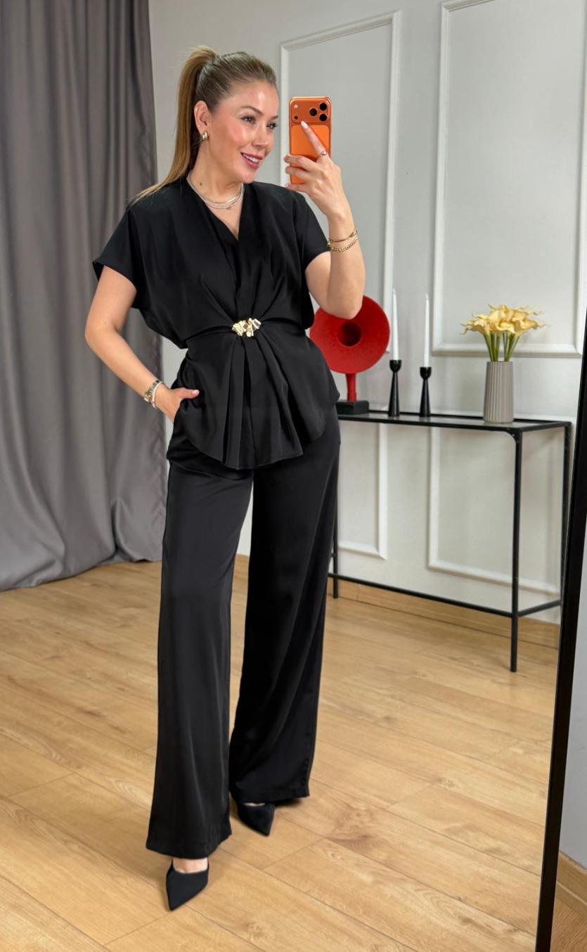 V-Neck Top With Wide-Leg Trouser FT789