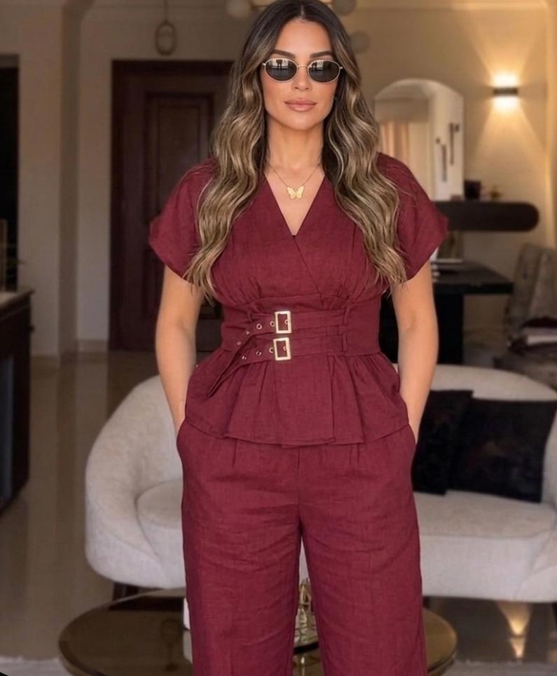 Cotton Linen Inspired Buckle Co-Ord Set FT797