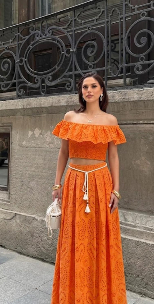 Luxe Off Shoulder Eyelet Top And Skirt Set FT806