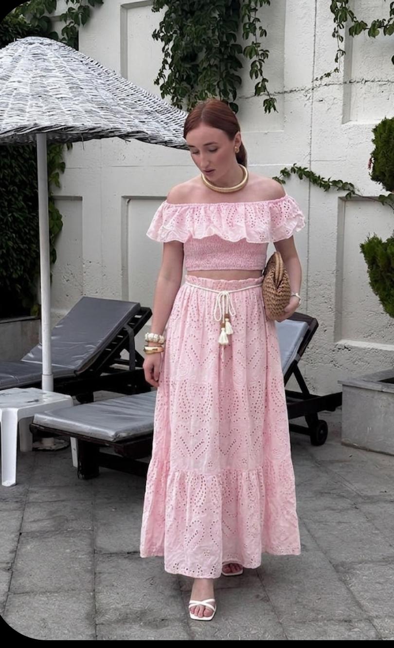 Luxe Off Shoulder Eyelet Top And Skirt Set FT806