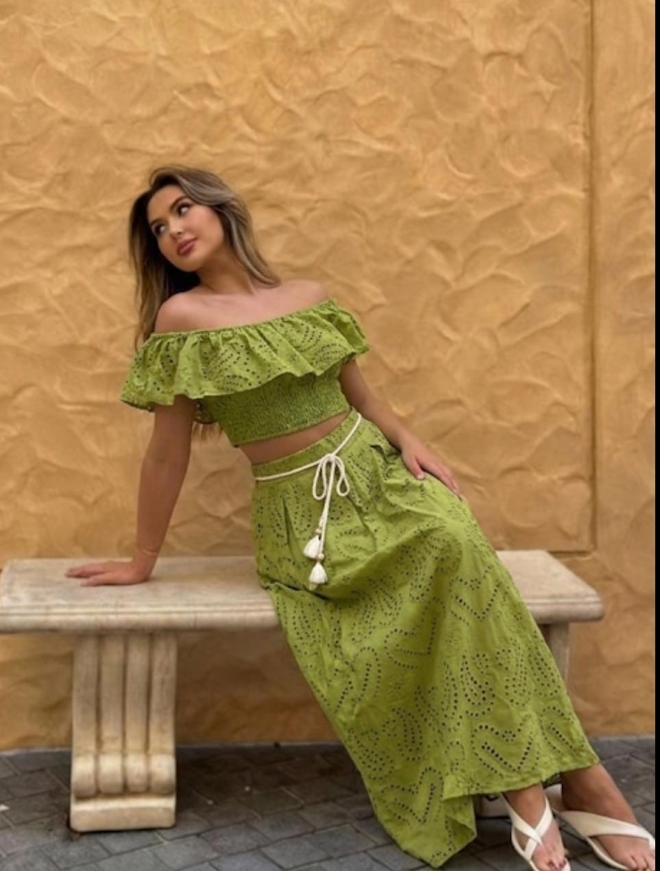 Luxe Off Shoulder Eyelet Top And Skirt Set FT806