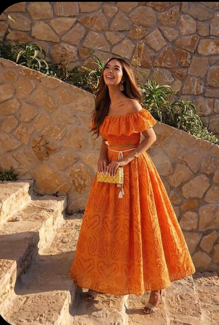 Luxe Off Shoulder Eyelet Top And Skirt Set FT806