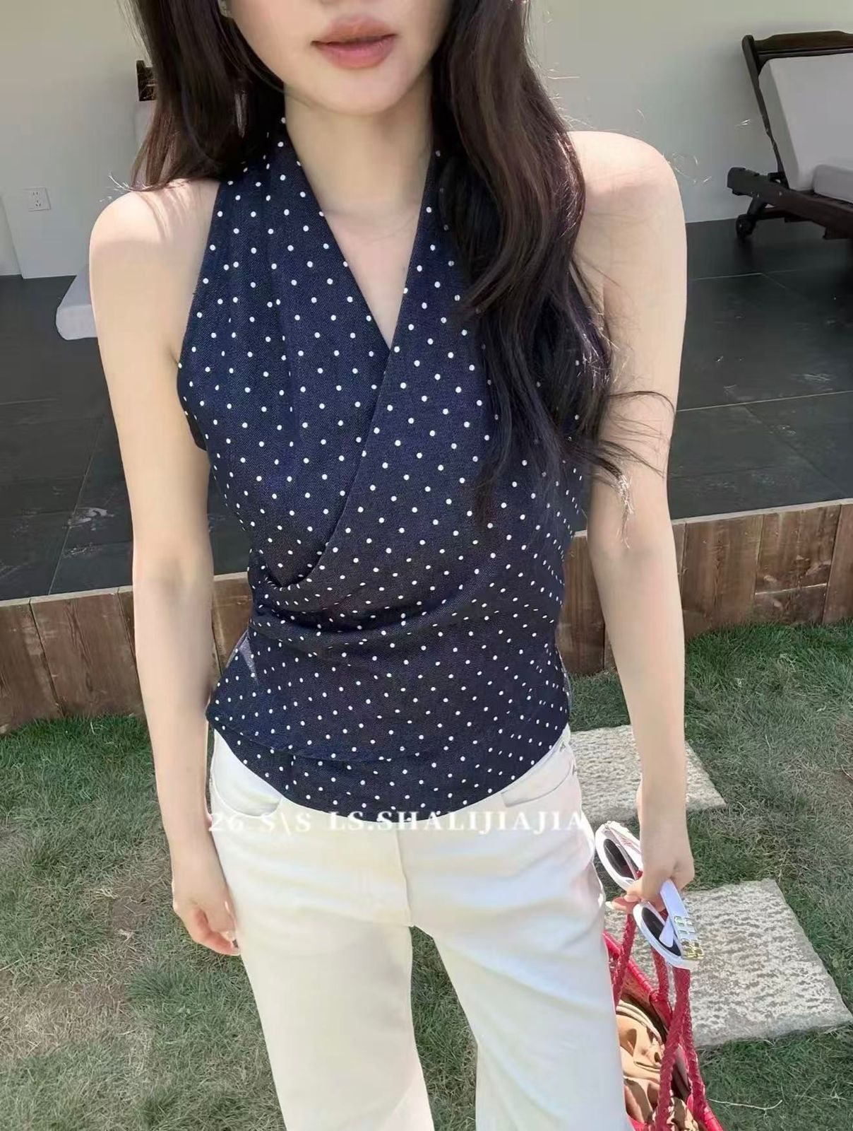 Denim Polka Wrap Style Top FT804