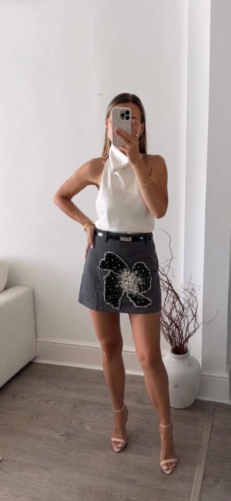 Embellished Flower Skirt With Belt FT807