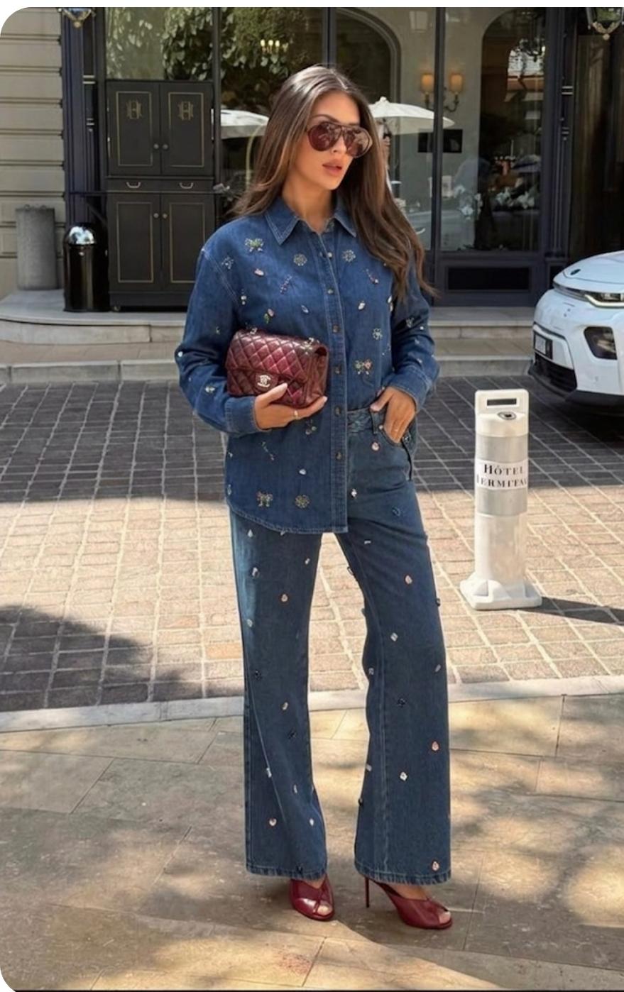 Denim Shirt Colorful Stone Embellish And Floral Designs FT712