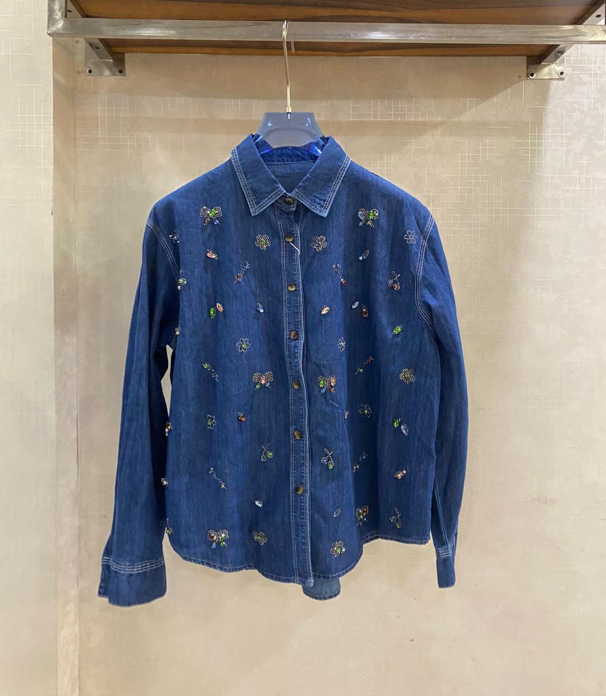 Denim Shirt Colorful Stone Embellish And Floral Designs FT712