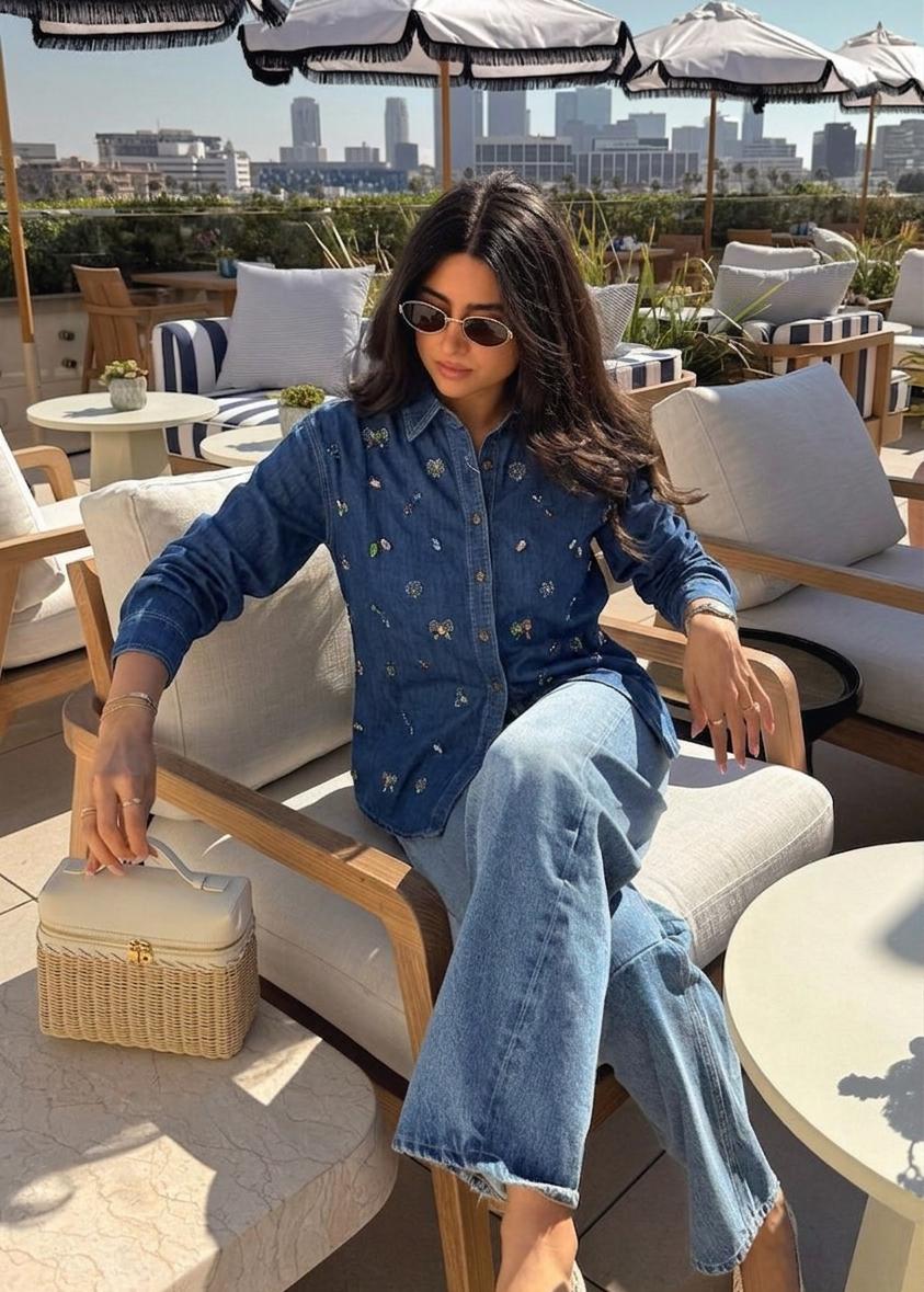 Denim Shirt Colorful Stone Embellish And Floral Designs FT712