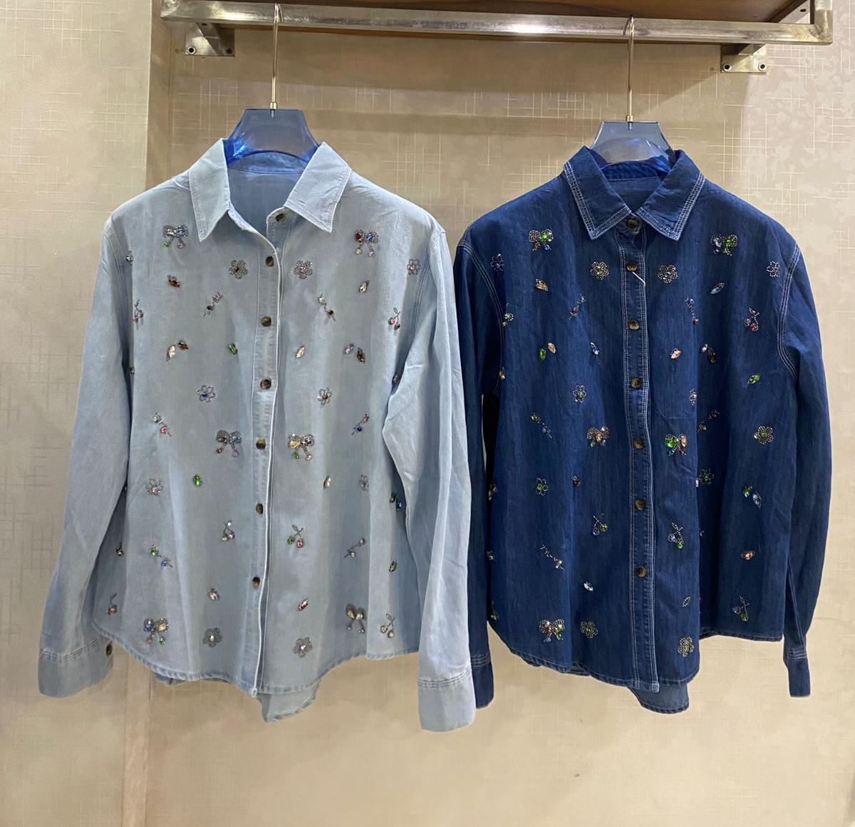 Denim Shirt Colorful Stone Embellish And Floral Designs FT712