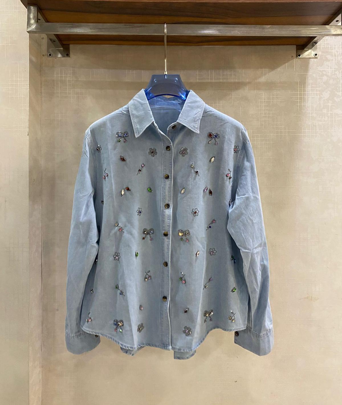 Denim Shirt Colorful Stone Embellish And Floral Designs FT712