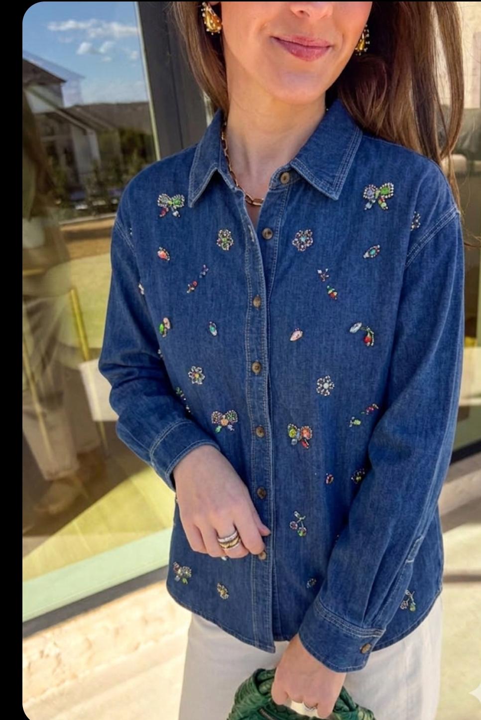 Denim Shirt Colorful Stone Embellish And Floral Designs FT712