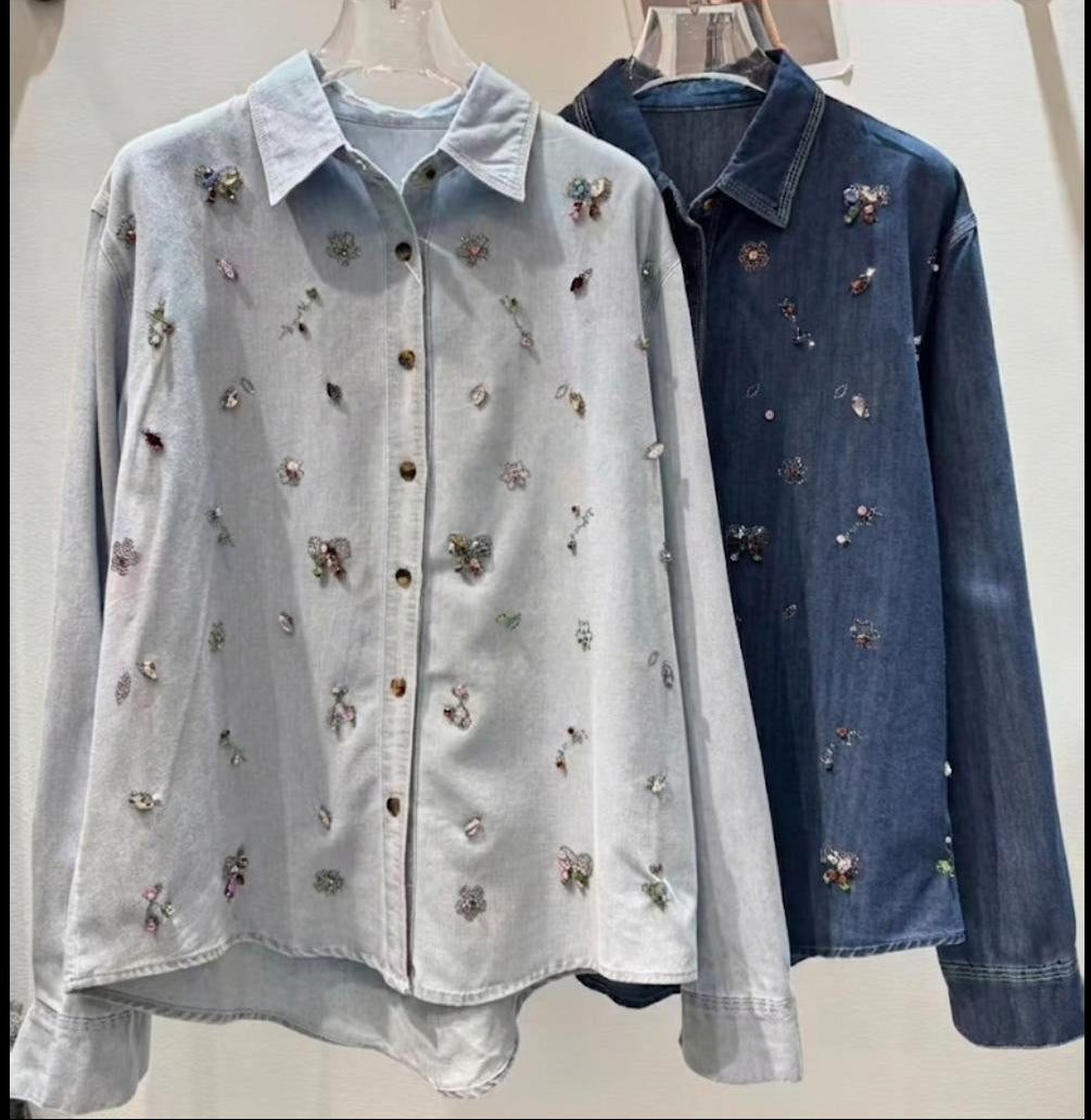 Denim Shirt Colorful Stone Embellish And Floral Designs FT712