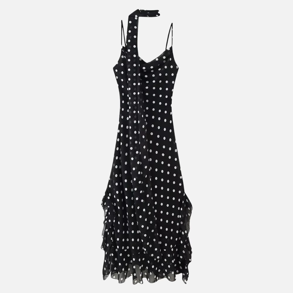 Polka Dot Ruffle Dress With Long Scarf FT716