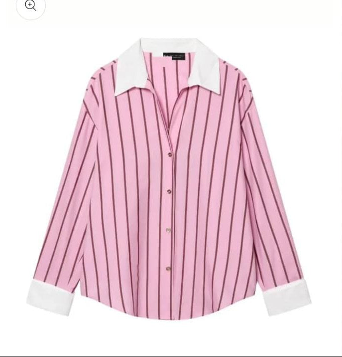Oversized Striped Shirt Featuring Contrast Cuffs And Collar FT718