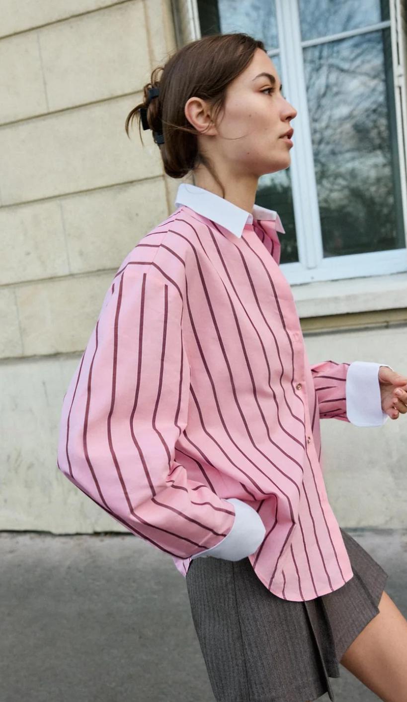 Oversized Striped Shirt Featuring Contrast Cuffs And Collar FT718