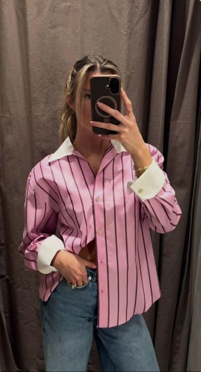 Oversized Striped Shirt Featuring Contrast Cuffs And Collar FT718